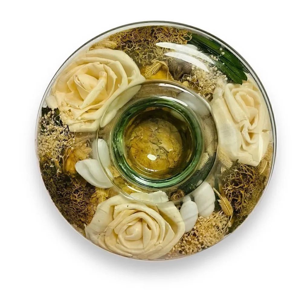 Vintage Clos D’Aguzon Dried Roses Flower Glass Votice Candle Holder